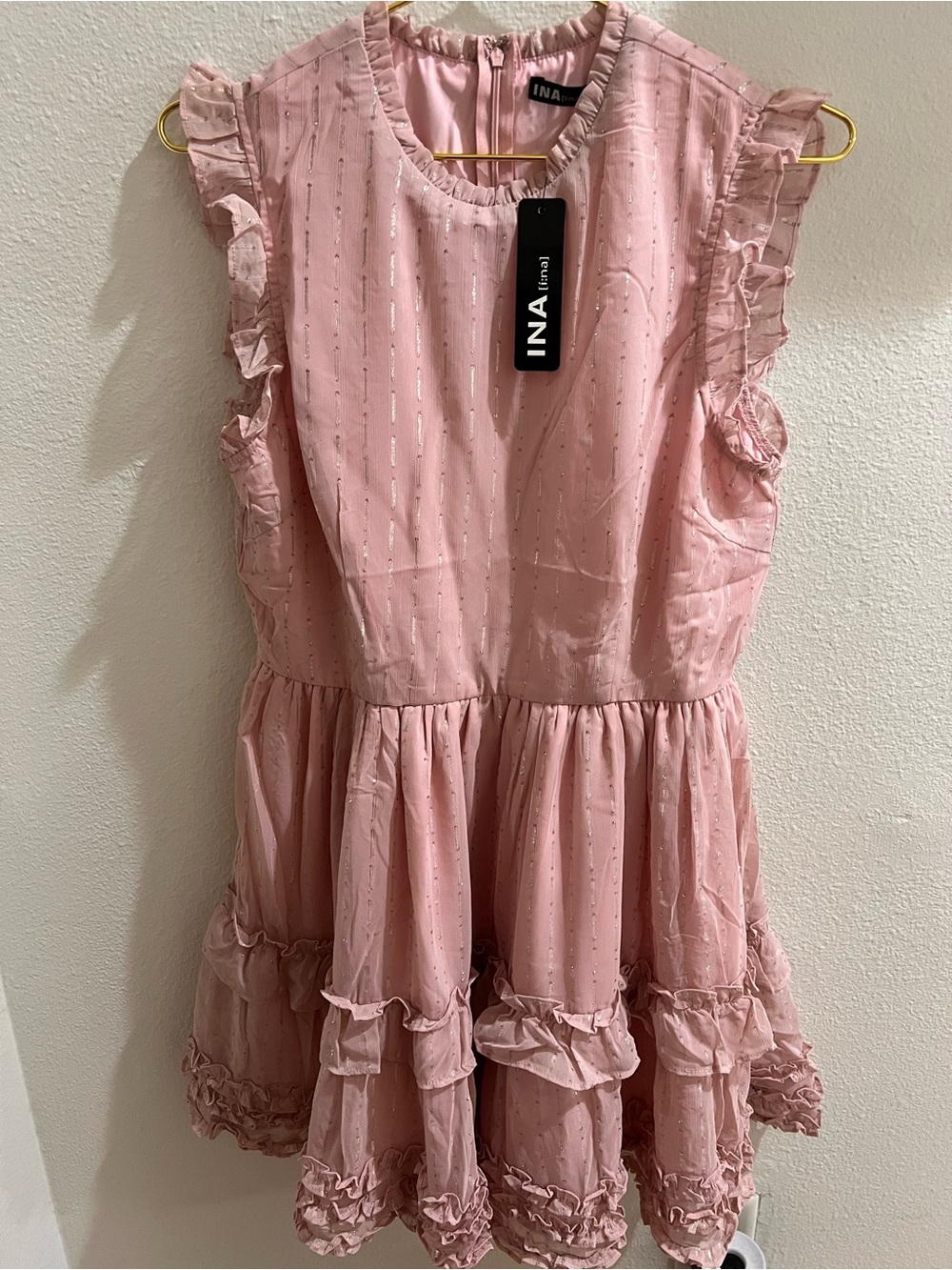 Ina Pink Ruffle Tier Dress with Metallic Stripes